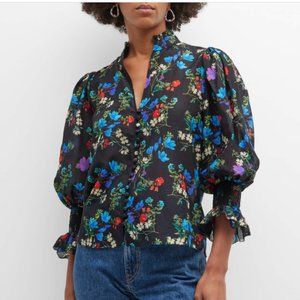 Alice + Olivia Smocked Sleeve Button Front Blouse in Floral, Size M